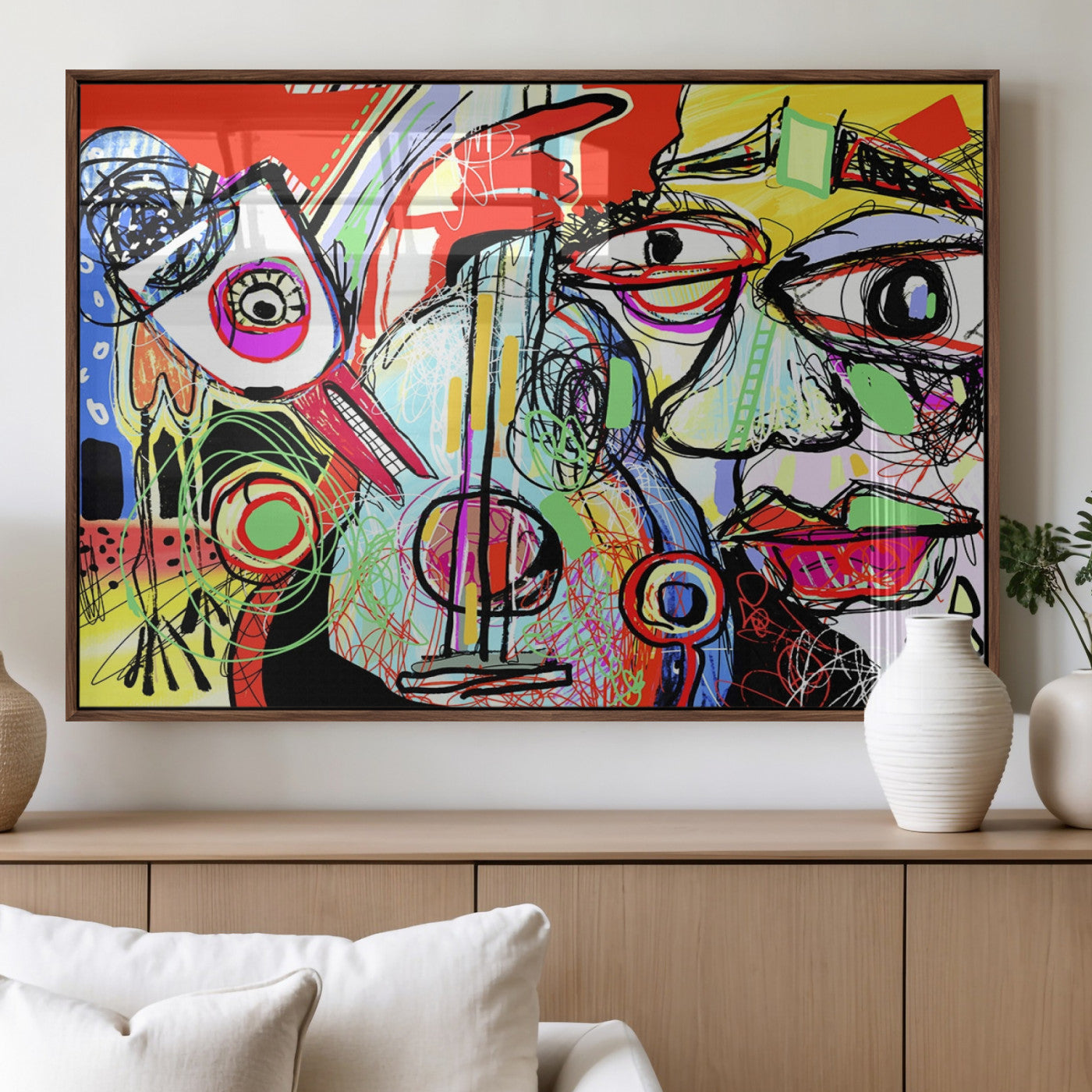 37796-MGV-FP-60X30-3P_Walnut-Picasso Style Wall Art Canvas Print, Framed Picasso Art Picture Print, Picasso Cubism Perfect Modern Abstract Decor Artwork