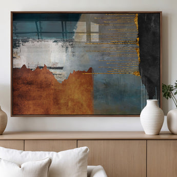 35026-MGV-FP-36X24-3P_Walnut-Abstract Canvas Wall Art – Modern Teal, Rust, Black and Gold Textured Painting, Contemporary Decor for Living Room, Bedroom or