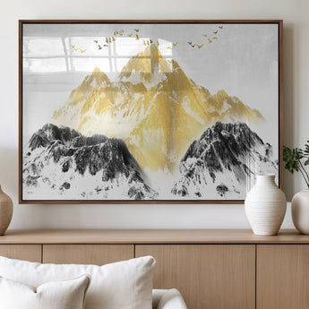 37733-MGV-FP-60X30-3P_Walnut-Golden Mountain Wall Art – Modern Abstract Landscape Canvas Print with Birds, Luxury Nature Decor for Living Room, Bedroom, or
