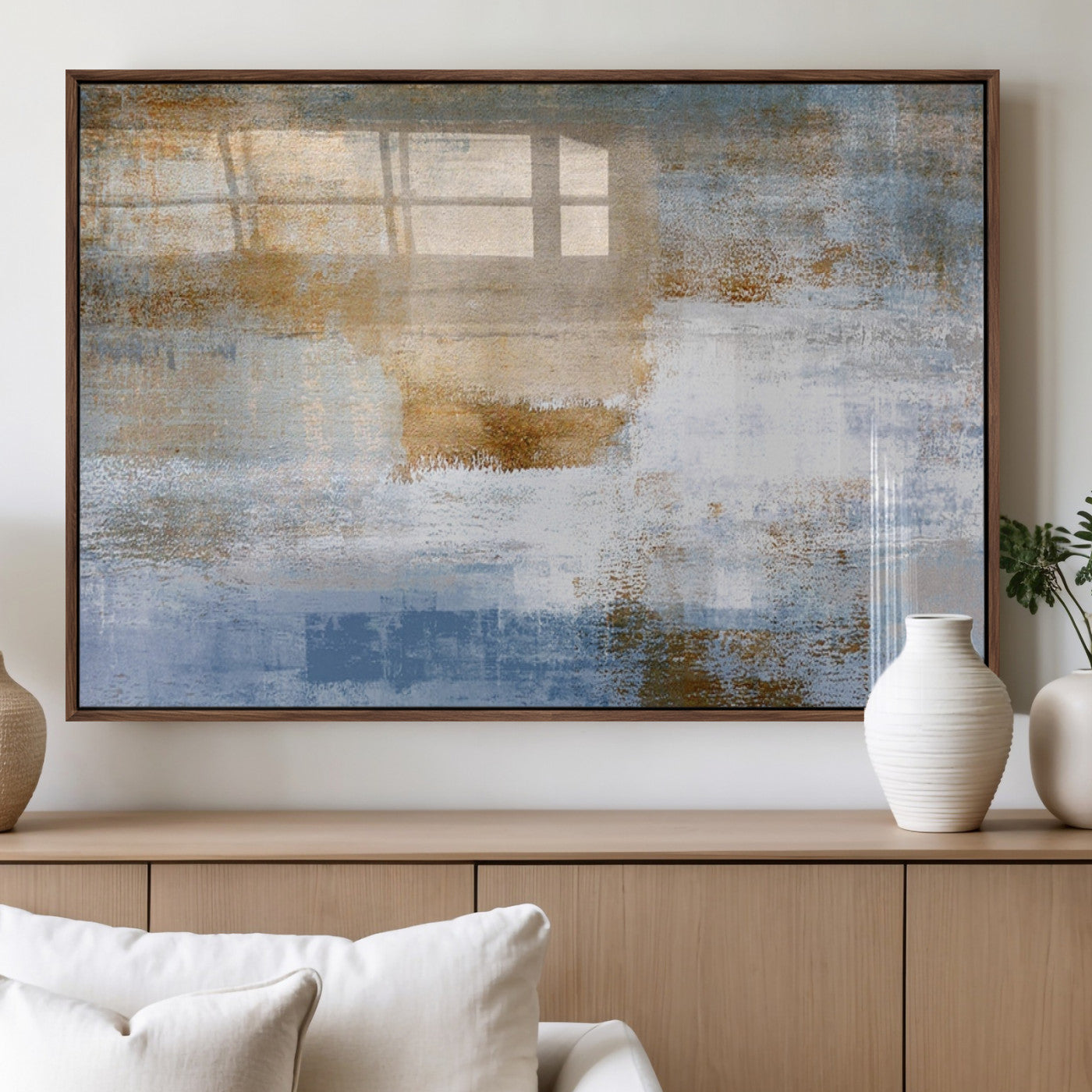 72354-MGV-FP-36X24-3P_Walnut-Blue and Gold Abstract Wall Art – Modern Minimalist Canvas Print, Textured Contemporary Painting for Living Room, Bedroom, or
