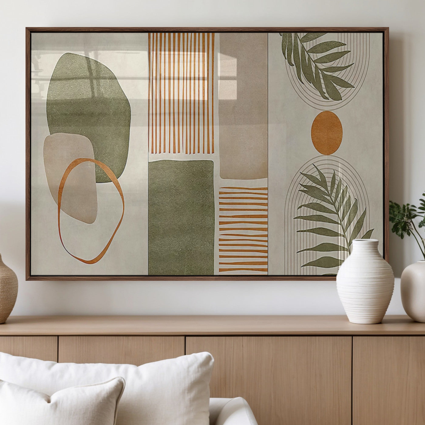 96002-MGV-FP-36X24-3P_Walnut-Abstract Geometric Wall Art – Modern Canvas Print with Green, Orange & Beige Shapes, Minimalist Home Decor for Living Room, Office