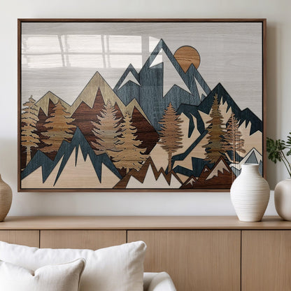 67950-MGV-FP-36X24-3P_Walnut-Modern Wood Wall Art Canvas Print, Framed Mountain Range Art Picture Print, Wood Mountain Range Perfect Rustic Decor Artwork