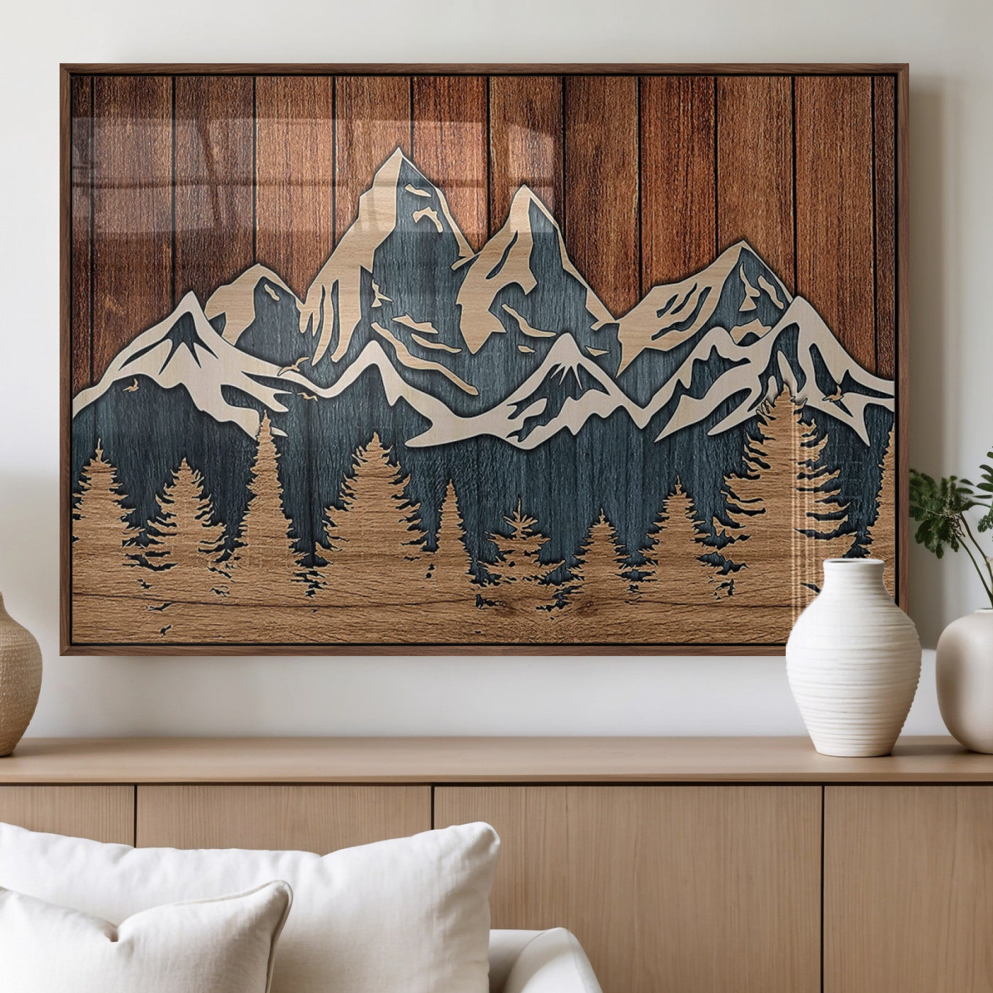 41330-MGV-FP-36X24-3P_Walnut-Rustic Mountain Wall Art – Wooden Nature Scene with Trees and Peaks, Handmade 3D Layered Decor for Living Room, Cabin or Office
