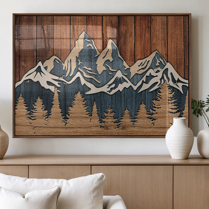 41330-MGV-FP-60X30-3P_Walnut-Rustic Mountain Wall Art – Wooden Nature Scene with Trees and Peaks, Handmade 3D Layered Decor for Living Room, Cabin or Office