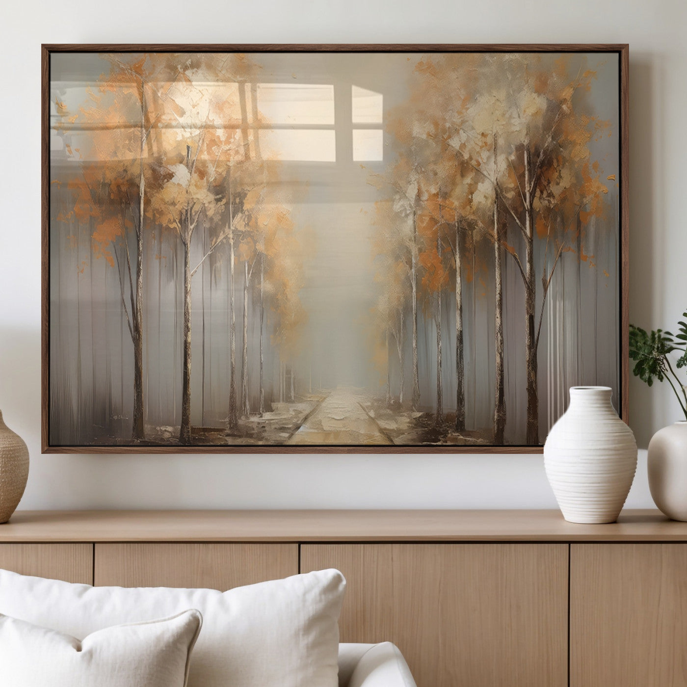 95004-MGV-FP-60X30-3P_Walnut-Autumn Forest Path Wall Art – Hand Painted Canvas Print with Golden Trees, Modern Nature Landscape Decor for Living Room, Bedroom