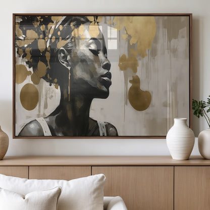 65669-MGV-FP-36X24-3P_Walnut-Elegant Black Woman Wall Art – Modern Abstract Portrait Canvas with Gold Accents, Contemporary Afrocentric Decor for Living Room