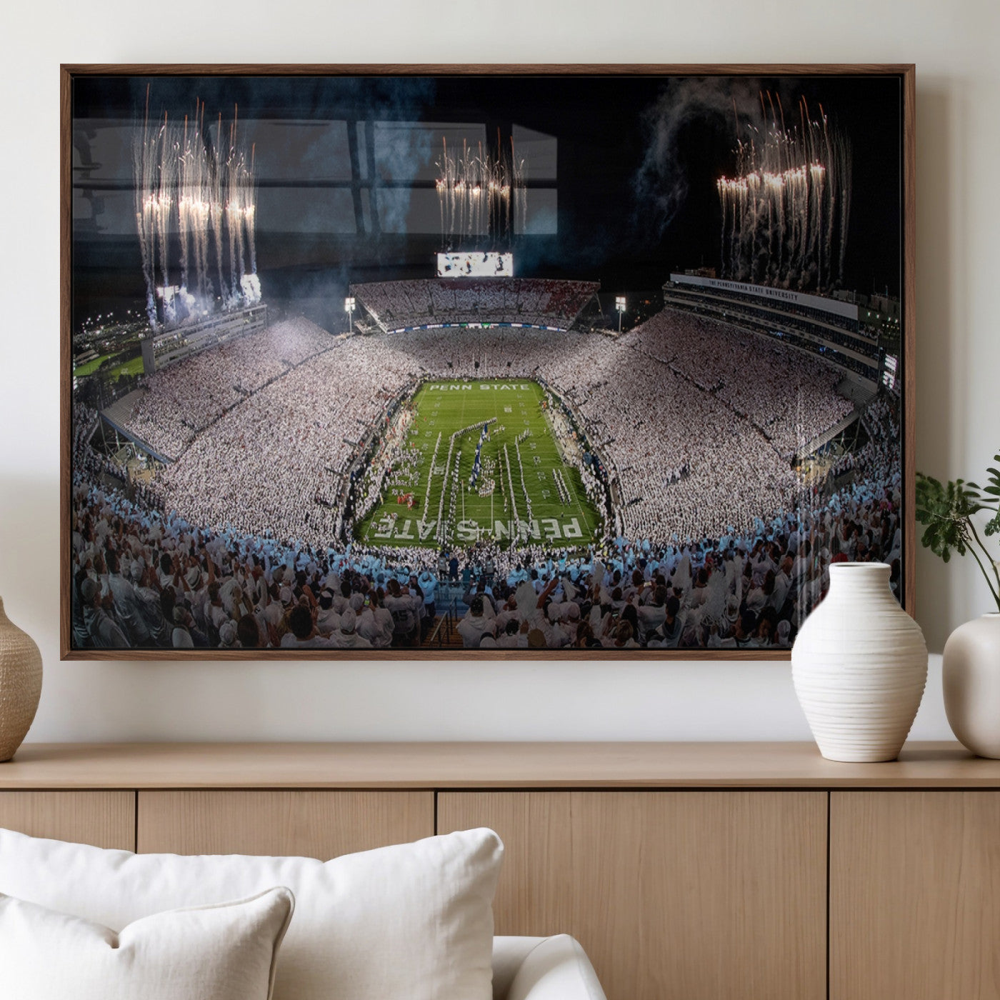 11391-MGV-FP-60X30-3P_Walnut-Penn State Stadium Wall Art – Panoramic White Out Football Game Canvas Print, College Sports Decor for Office, Man Cave, or Living