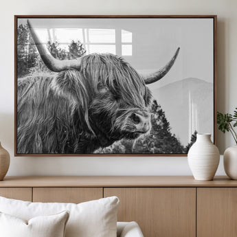 61570-MGV-FP-36X24-3P_Walnut-Highland Cow Wall Art – Black and White Scottish Bull Canvas Print, Rustic Farmhouse Animal Decor for Living Room, Bedroom, or