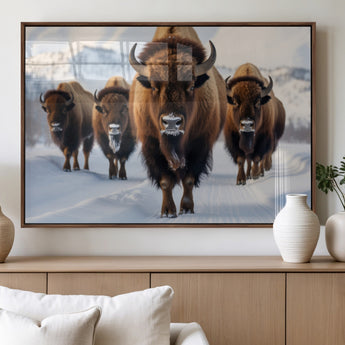 56701-MGV-FP-36X24-3P_Walnut-Bison Herd Wall Art – Buffalo Walking in Snowy Mountains Canvas Print, Rustic Wildlife Decor for Cabin, Lodge, or Living Room