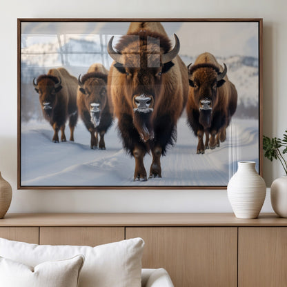 56701-MGV-FP-36X24-3P_Walnut-Bison Herd Wall Art – Buffalo Walking in Snowy Mountains Canvas Print, Rustic Wildlife Decor for Cabin, Lodge, or Living Room