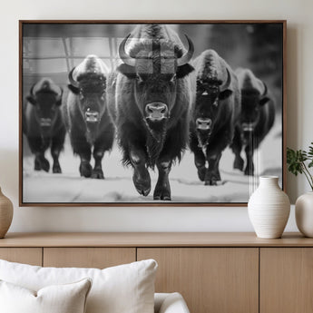 79872-MGV-FP-36X24-3P_Walnut-Bison Herd Wall Art – Black and White Buffalo on Snow Canvas Print, Rustic Wildlife Decor for Lodge, Cabin, or Living Room