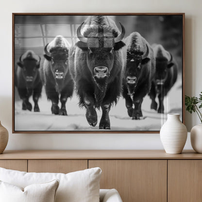 79872-MGV-FP-36X24-3P_Walnut-Bison Herd Wall Art – Black and White Buffalo on Snow Canvas Print, Rustic Wildlife Decor for Lodge, Cabin, or Living Room