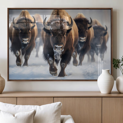 80512-MGV-FP-60X30-3P_Walnut-Bison Herd Wall Art – Buffalo Running in Snow Canvas Print, Rustic Wildlife Photography Decor for Cabin, Lodge, or Living Room