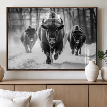 97552-MGV-FP-36X24-3P_Walnut-Black and White Bison Wall Art – Buffalo Herd Running in Snow Canvas Print, Rustic Wildlife Photography Decor for Cabin, Lodge, or