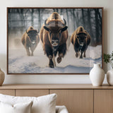 56549-MGV-FP-36X24-3P_Walnut-Wild Bison Wall Art – Majestic Buffalo Herd Running in Snow Canvas Print, Rustic Wildlife Photography Decor for Cabin, Lodge, or