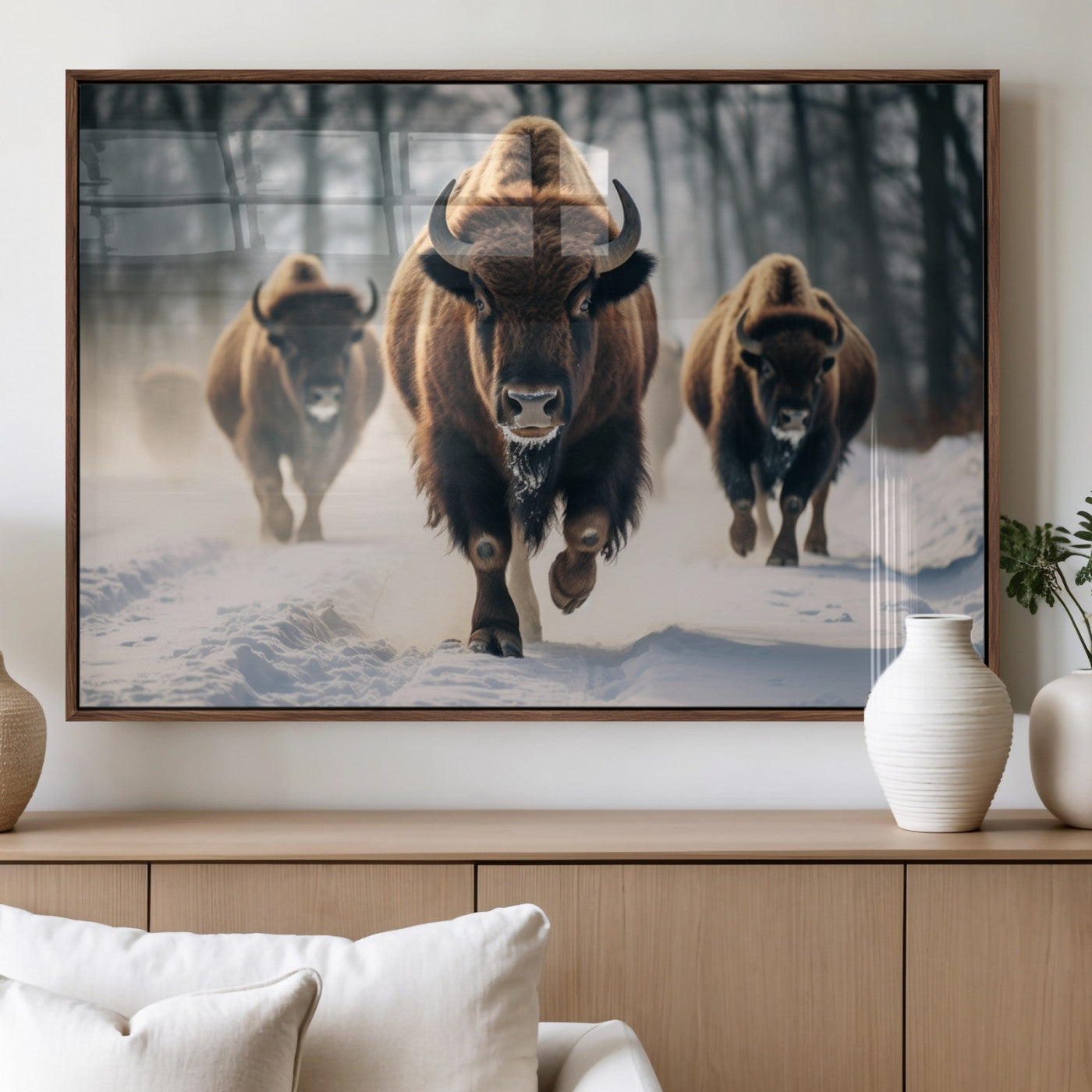 56549-MGV-FP-60X30-3P_Walnut-Wild Bison Wall Art – Majestic Buffalo Herd Running in Snow Canvas Print, Rustic Wildlife Photography Decor for Cabin, Lodge, or