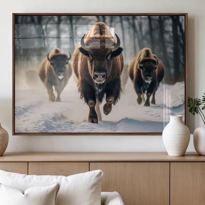 56549-MGV-FP-60X30-3P_Walnut-Wild Bison Wall Art – Majestic Buffalo Herd Running in Snow Canvas Print, Rustic Wildlife Photography Decor for Cabin, Lodge, or