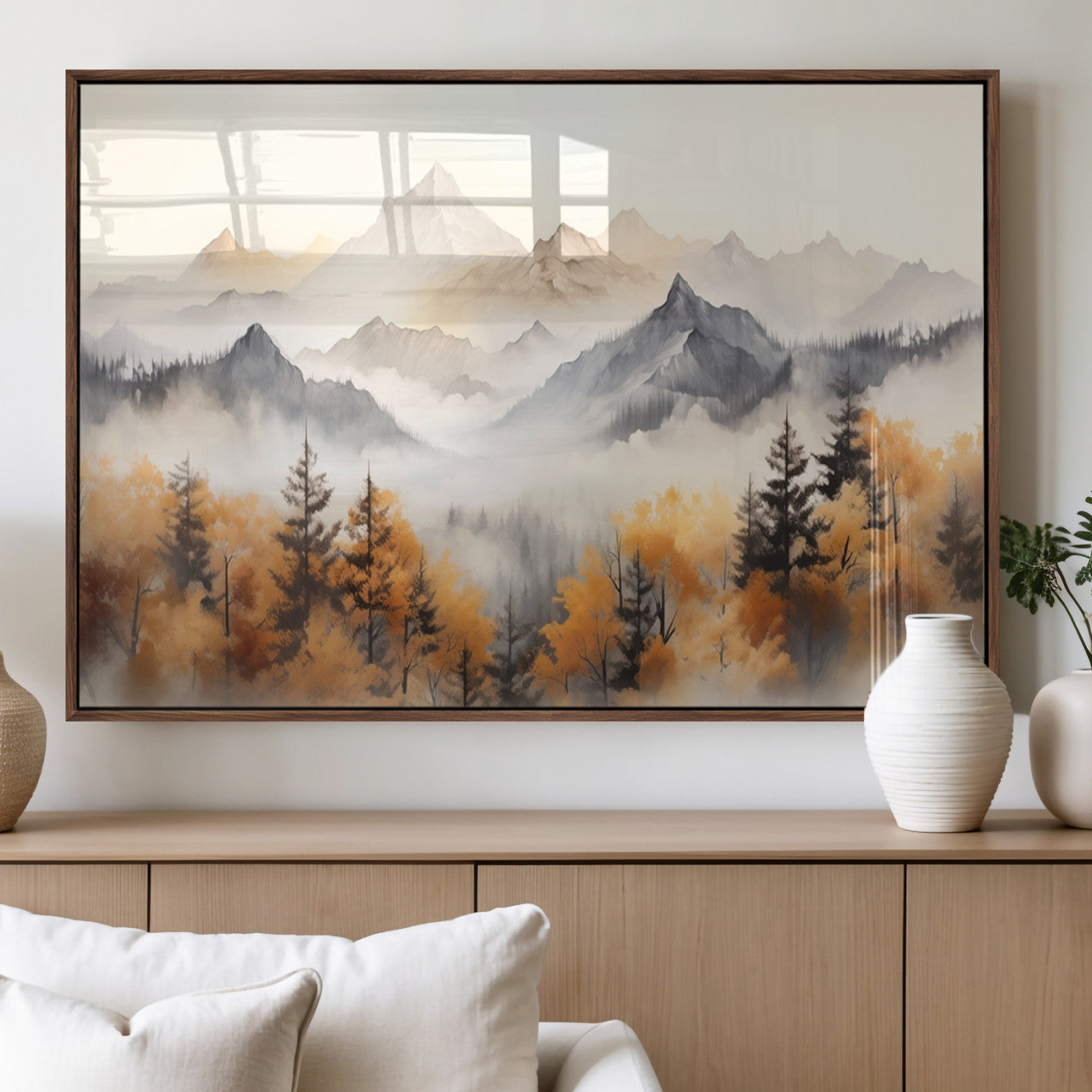 70049-MGV-FP-36X24-3P_Walnut-Autumn Mountain Forest Wall Art – Misty Landscape Canvas Print, Rustic Nature Inspired Decor for Living Room, Bedroom or Office