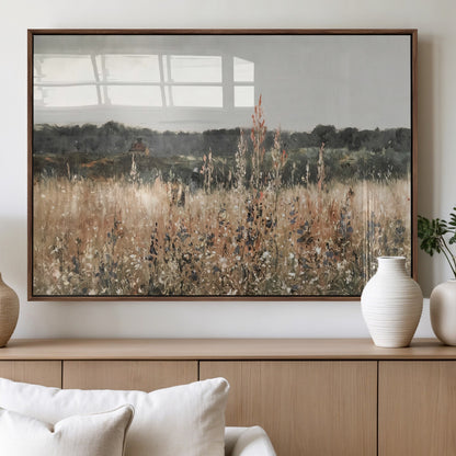 46308-MGV-FP-36X24-3P_Walnut-Wildflower Field Wall Art – Rustic Meadow Landscape Canvas Print, Country Nature Decor for Living Room, Bedroom or Farmhouse