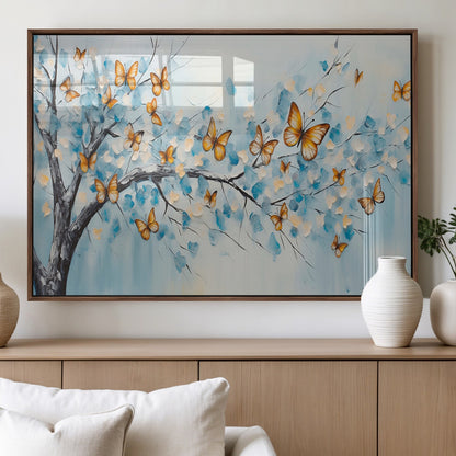 59455-MGV-FP-36X24-3P_Walnut-Butterfly Tree Branch Wall Art – Blue and Yellow Abstract Canvas Print, Modern Nature Artwork for Living Room, Bedroom or Office