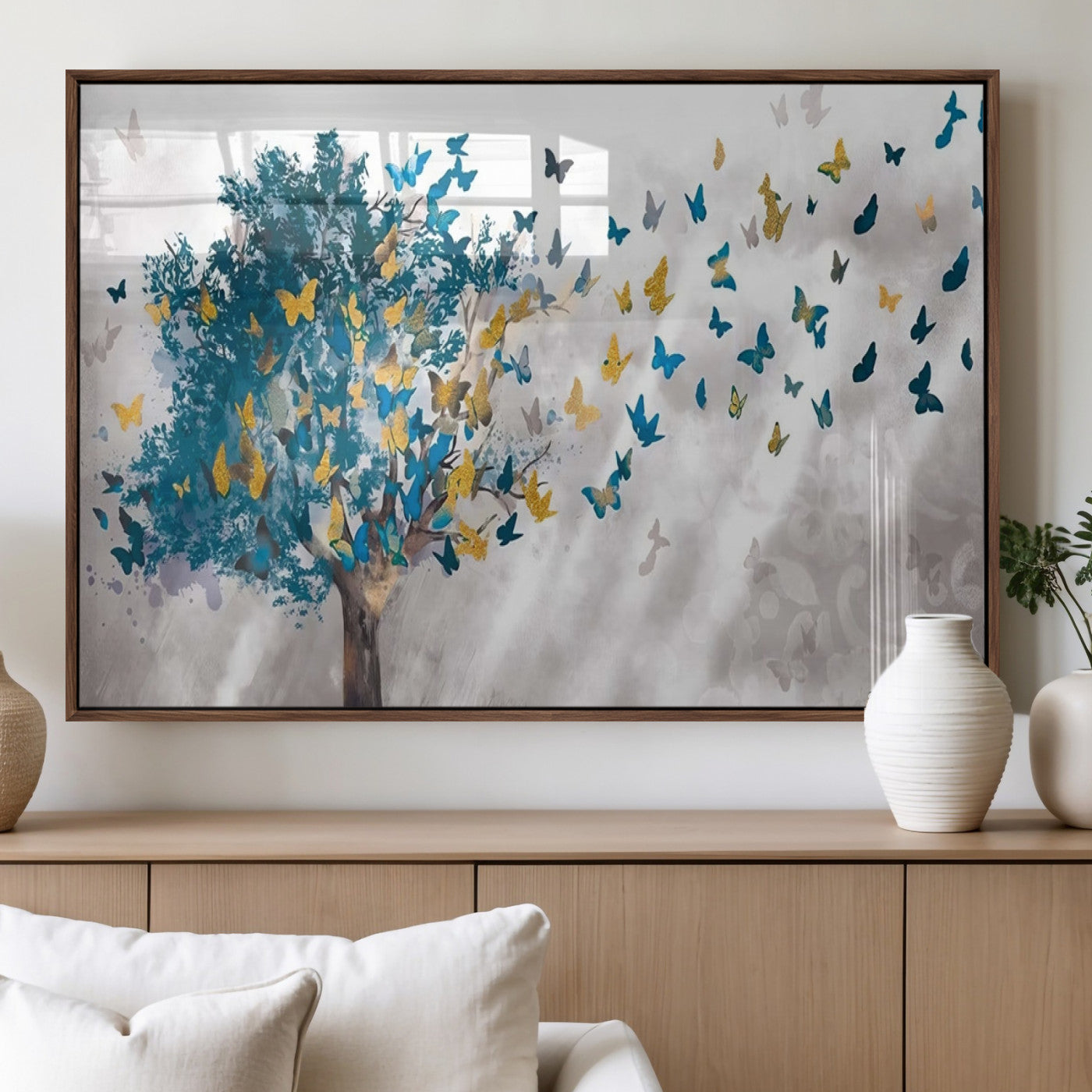 37564-MGV-FP-36X24-3P_Walnut-Butterfly Tree Wall Art – Modern Nature Canvas Print with Blue and Golden Butterflies, Elegant Decorative Painting for Living Room