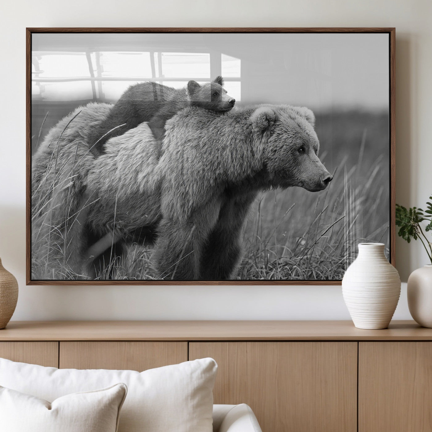 76338-MGV-FP-36X24-3P_Walnut-Mother Bear and Cub Wall Art – Black and White Wildlife Canvas Print, Rustic Nature Photography for Cabin, Living Room or Office