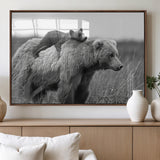 76338-MGV-FP-36X24-3P_Walnut-Mother Bear and Cub Wall Art – Black and White Wildlife Canvas Print, Rustic Nature Photography for Cabin, Living Room or Office
