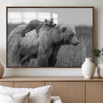 76338-MGV-FP-36X24-3P_Walnut-Mother Bear and Cub Wall Art – Black and White Wildlife Canvas Print, Rustic Nature Photography for Cabin, Living Room or Office