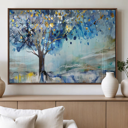 17018-MGV-FP-36X24-3P_Walnut-Abstract Blue Tree Wall Art – Colorful Canvas Painting with Gold and Silver Accents, Modern Nature Artwork for Living Room,