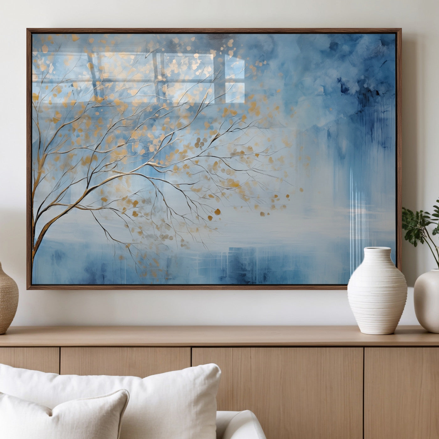 23891-MGV-FP-36X24-3P_Walnut-Abstract Tree Wall Art – Minimalist Blue and Gold Canvas Painting, Elegant Nature-Inspired Artwork for Living Room, Bedroom or