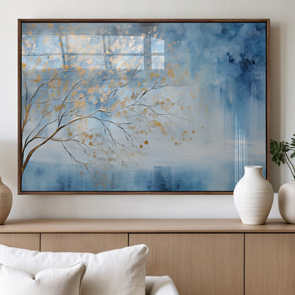 23891-MGV-FP-36X24-3P_Walnut-Abstract Tree Wall Art – Minimalist Blue and Gold Canvas Painting, Elegant Nature-Inspired Artwork for Living Room, Bedroom or