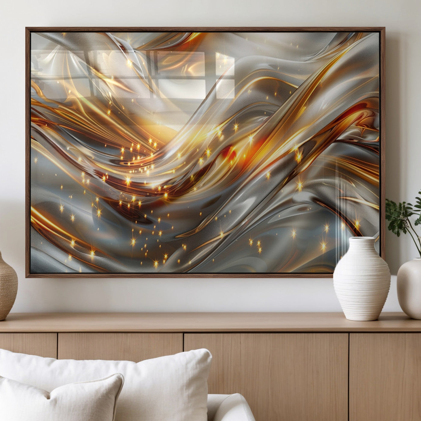 Lines1-MGV-FP-36X24-3P_Walnut-Abstract Metallic Wall Art – Silver and Gold Wave Canvas Print with Sparkling Accents, Modern Luxury Decor for Living Room, Office