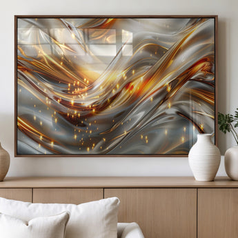Lines1-MGV-FP-36X24-3P_Walnut-Abstract Metallic Wall Art – Silver and Gold Wave Canvas Print with Sparkling Accents, Modern Luxury Decor for Living Room, Office