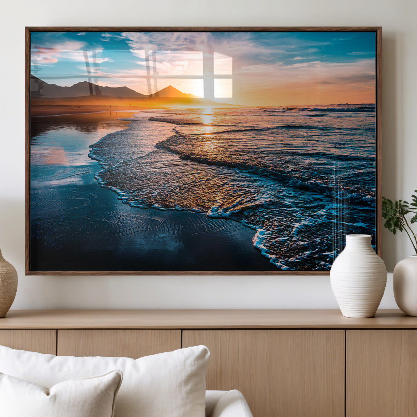 26494-MGV-FP-36X24-3P_Walnut-Ocean Sunset Wall Art – Scenic Beach Canvas Print with Waves and Mountains, Coastal Seascape Photography for Living Room, Bedroom