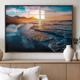 26494-MGV-FP-36X24-3P_Walnut-Ocean Sunset Wall Art – Scenic Beach Canvas Print with Waves and Mountains, Coastal Seascape Photography for Living Room, Bedroom