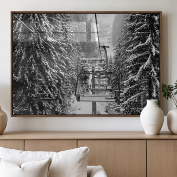 19240-MGV-FP-36X24-3P_Walnut-Ski Lift Wall Art – Black and White Winter Mountain Canvas Print, Snowy Forest Ski Resort Photography for Cabin, Lodge, Office or
