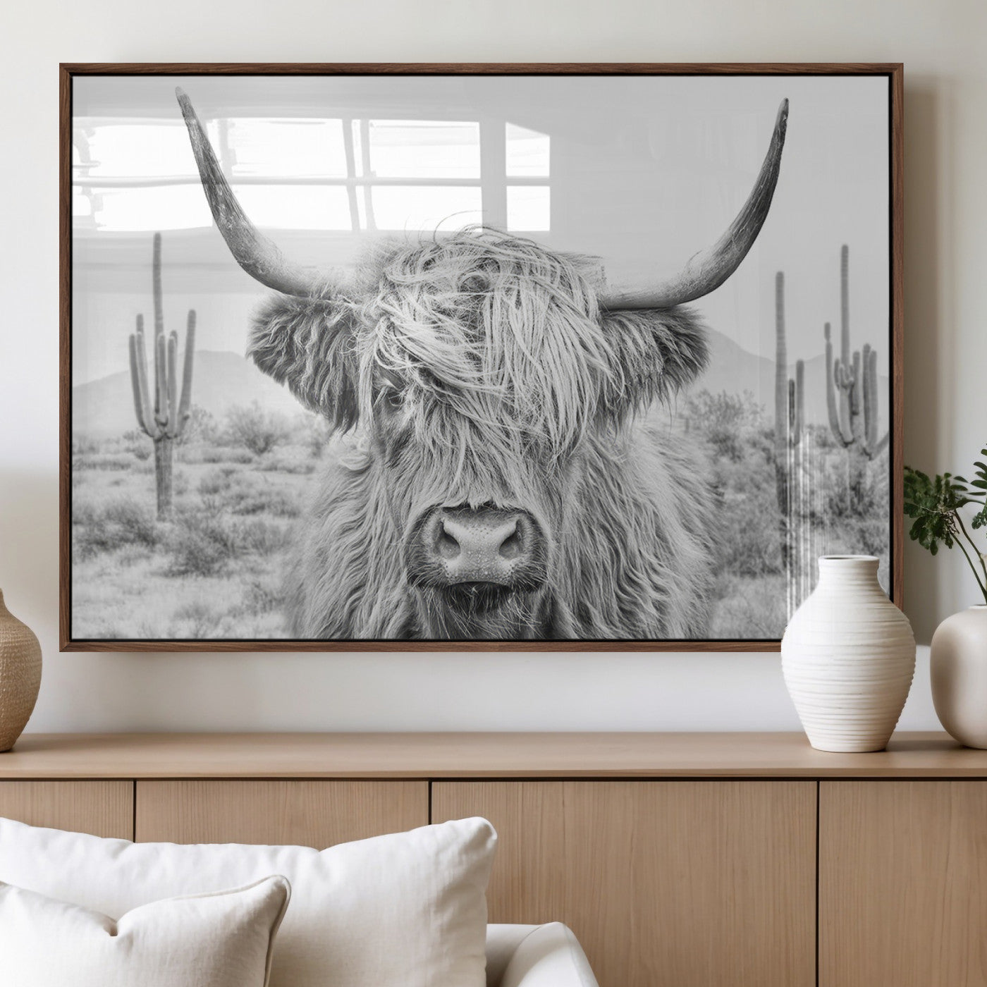 94579-MGV-FP-36X24-3P_Walnut-Highland Cow Wall Art – Black and White Longhorn Canvas Print, Rustic Western Farmhouse Animal Photography for Living Room,