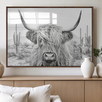 94579-MGV-FP-36X24-3P_Walnut-Highland Cow Wall Art – Black and White Longhorn Canvas Print, Rustic Western Farmhouse Animal Photography for Living Room,