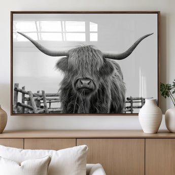 58188-MGV-FP-36X24-3P_Walnut-Highland Cow Wall Art – Black and White Rustic Farmhouse Canvas Print, Longhorn Cattle Photography Decor for Living Room or