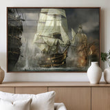 26512-MGV-FP-36X24-3P_Walnut-Naval Battle Wall Art – Dramatic Tall Ship Canvas Print, Historic Pirate Sailing War Scene, Nautical Decor for Office, Study or
