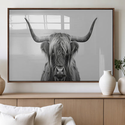 35820-MGV-FP-36X24-3P_Walnut-Minimalist Highland Cow Wall Art – Black and White Longhorn Cattle Canvas Print, Modern Farmhouse Animal Photography Decor for