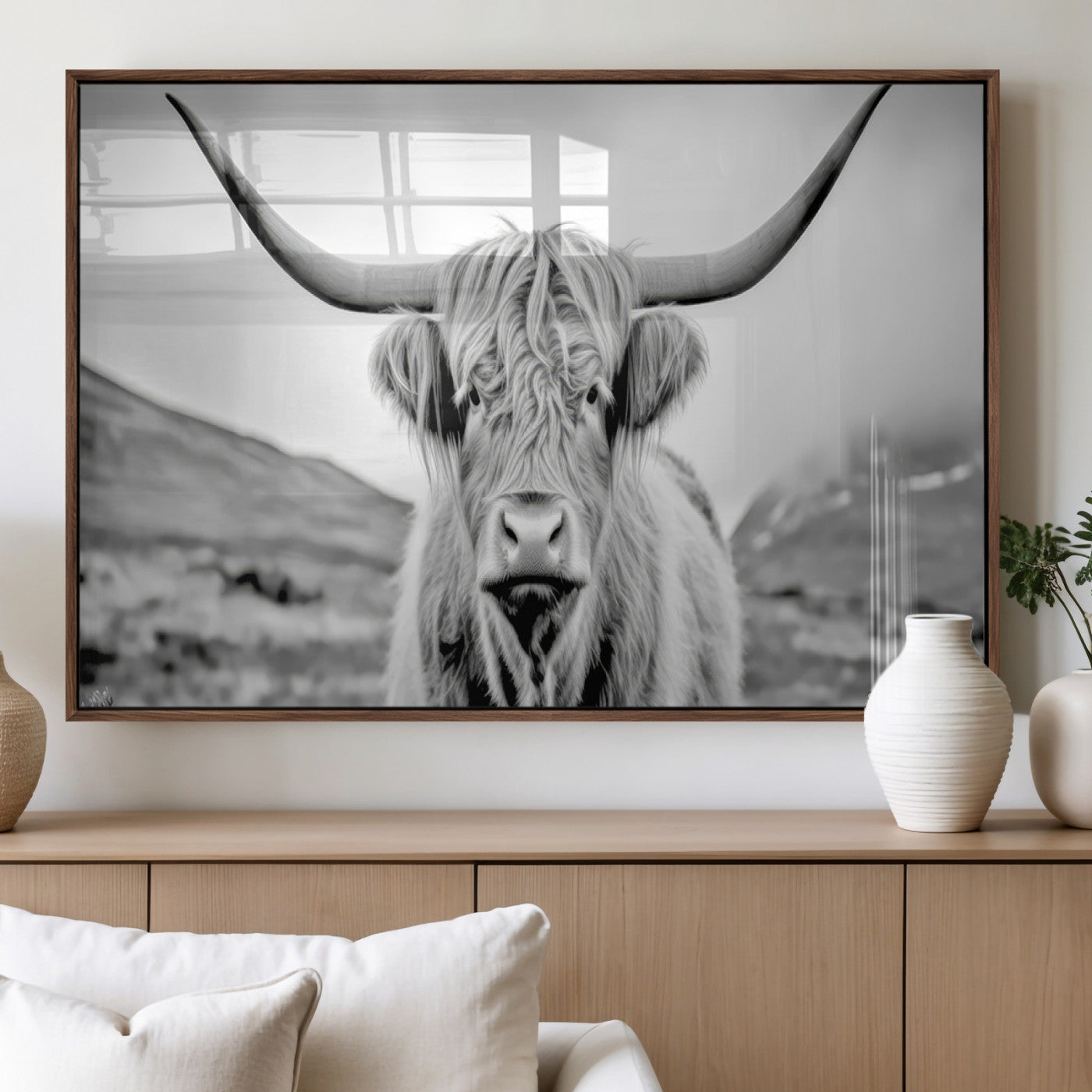80564-MGV-FP-36X24-3P_Walnut-Highland Cow Wall Art – Black and White Scottish Highland Canvas Print, Rustic Farmhouse Decor for Living Room, Bedroom or Office