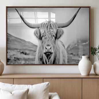 80564-MGV-FP-36X24-3P_Walnut-Highland Cow Wall Art – Black and White Scottish Highland Canvas Print, Rustic Farmhouse Decor for Living Room, Bedroom or Office