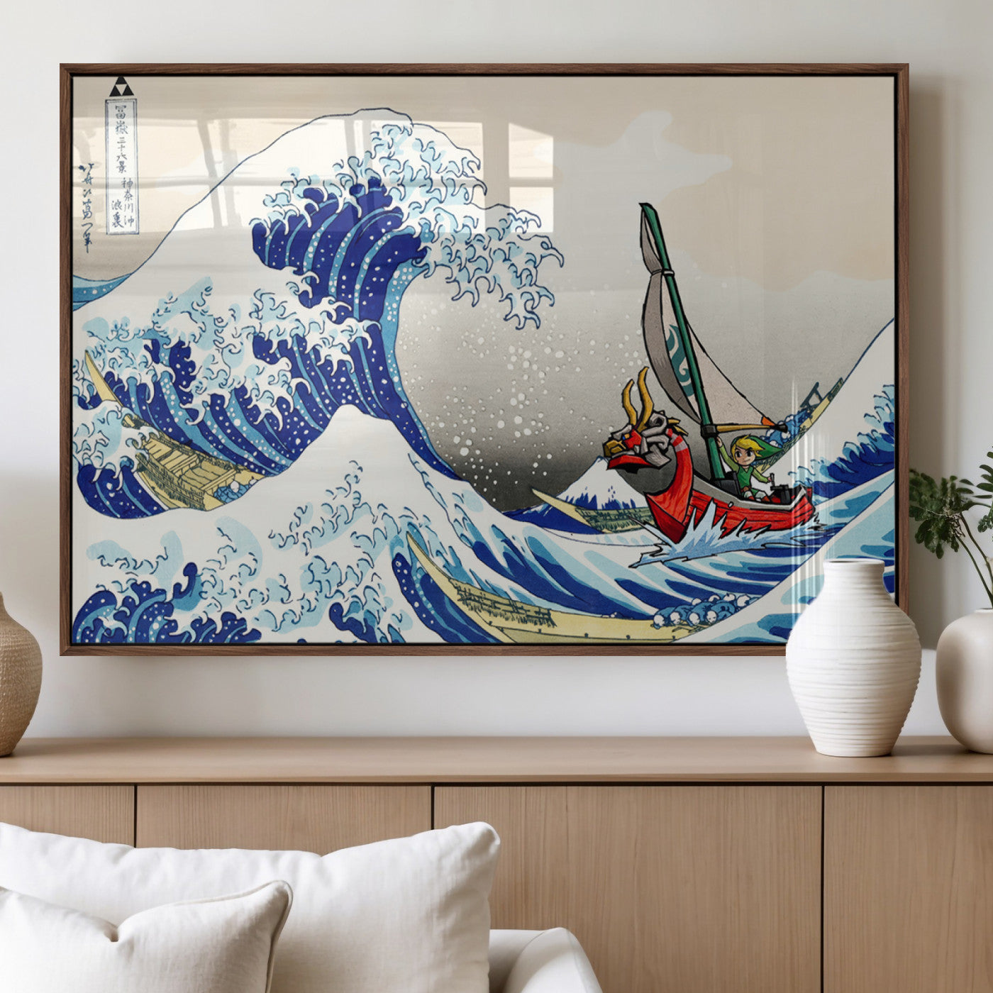19450-MGV-FP-36X24-3P_Walnut-Great Wave Adventure Wall Art – Japanese Style Ocean Canvas Print, Fantasy Sailing Decor for Living Room, Bedroom or Office