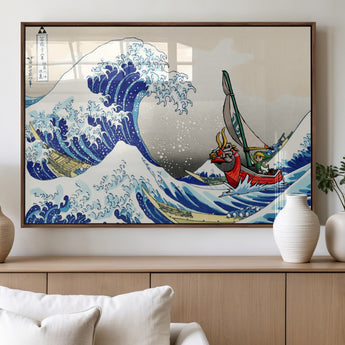 19450-MGV-FP-36X24-3P_Walnut-Great Wave Adventure Wall Art – Japanese Style Ocean Canvas Print, Fantasy Sailing Decor for Living Room, Bedroom or Office