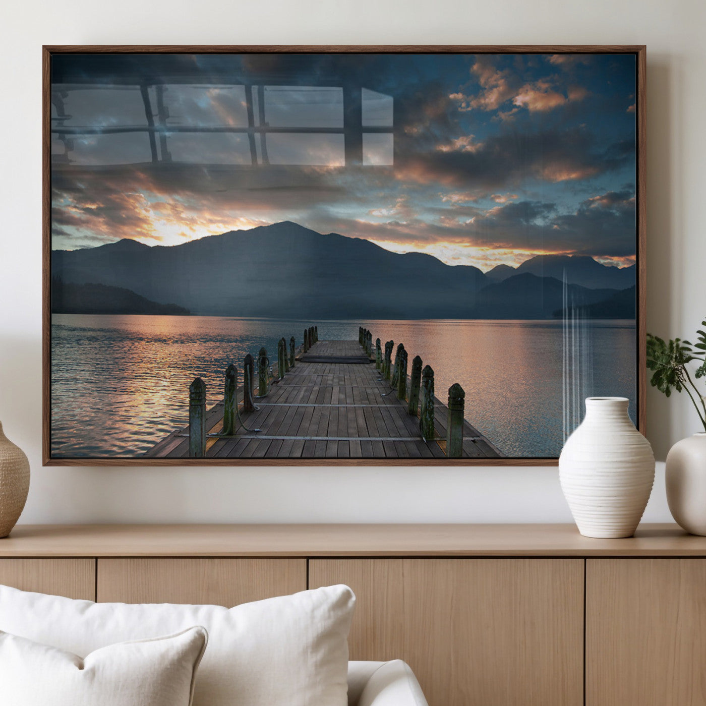 20442-MGV-FP-36X24-3P_Walnut-Lakeside Sunset Dock Wall Art – Peaceful Mountain Lake Canvas Print, Serene Nature Landscape Decor for Living Room, Bedroom or