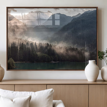 61116-MGV-FP-36X24-3P_Walnut-Misty Mountain Lake Wall Art – Tranquil Foggy Forest and Lake Canvas Print, Scenic Nature Landscape Decor for Living Room or
