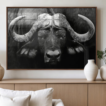 75273-MGV-FP-36X24-3P_Walnut-Buffalo Wall Art – Black and White African Buffalo Canvas Print, Rustic Wildlife Animal Artwork for Farmhouse, Living Room,
