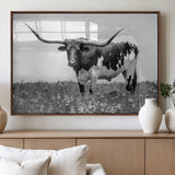 94709-MGV-FP-36X24-3P_Walnut-Texas Longhorn Wall Art – Black and White Bull Photography Canvas Print, Western Farmhouse Wall Decor for Living Room, Office or