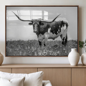 94709-MGV-FP-36X24-3P_Walnut-Texas Longhorn Wall Art – Black and White Bull Photography Canvas Print, Western Farmhouse Wall Decor for Living Room, Office or